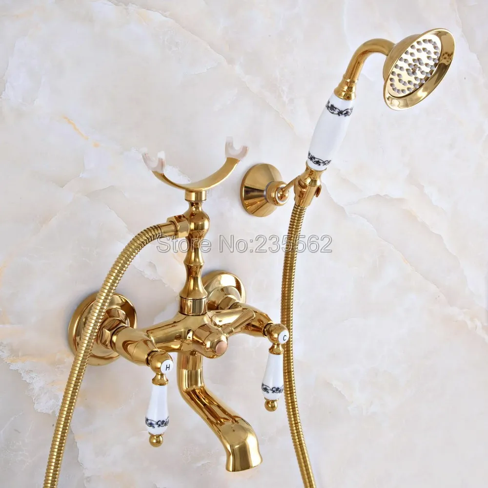 Luxury Gold Color Brass Bath Shower Faucet Set Dual Knobs Wall