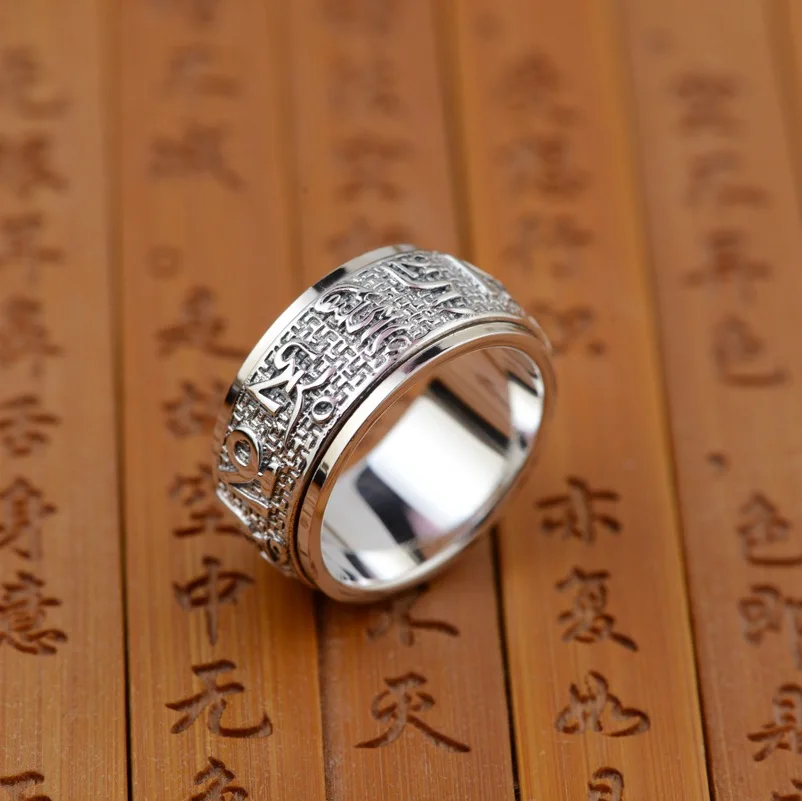 Thai silver wholesale S925 sterling silver ring antique crafts Buddhist text six words ornaments can rotate