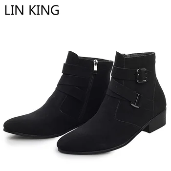 

LIN KING Zipper Men High Top Boots Spring Autumn Leather Pointed Toe Short Botas Buckle Massage Outdoor Western Boots
