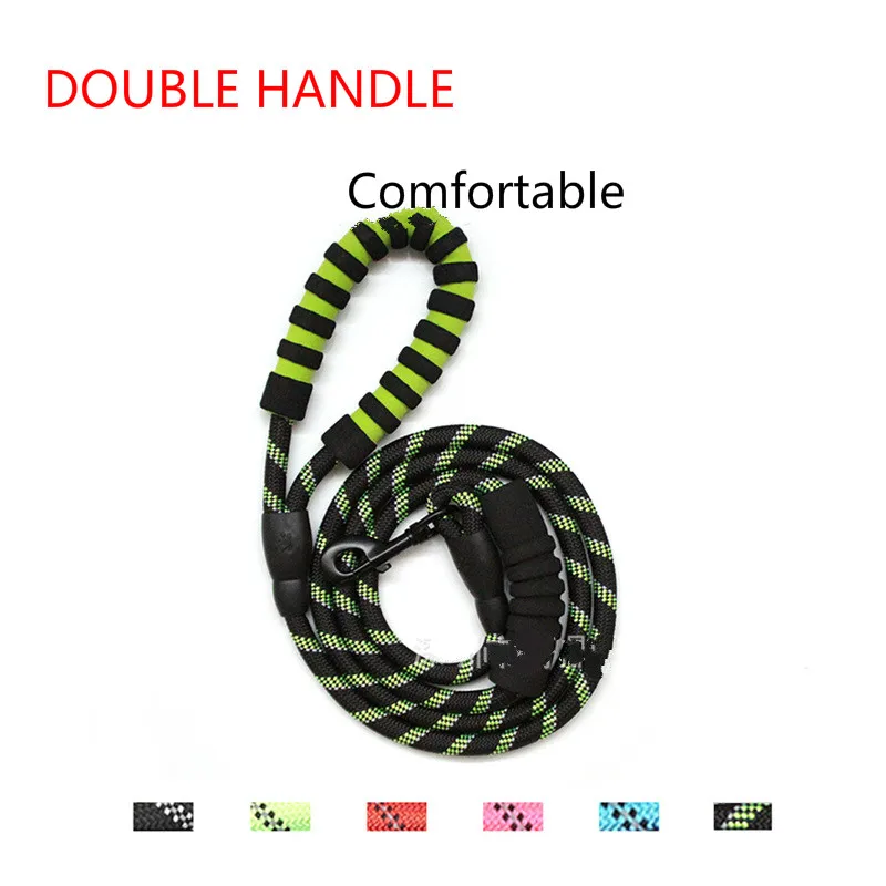 

Double handle, round rope, multi-color reflective dog leash, comfortable medium to large size