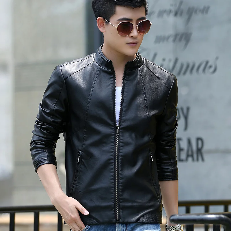 Male genuine leather jacket 2018 spring slim stand collar