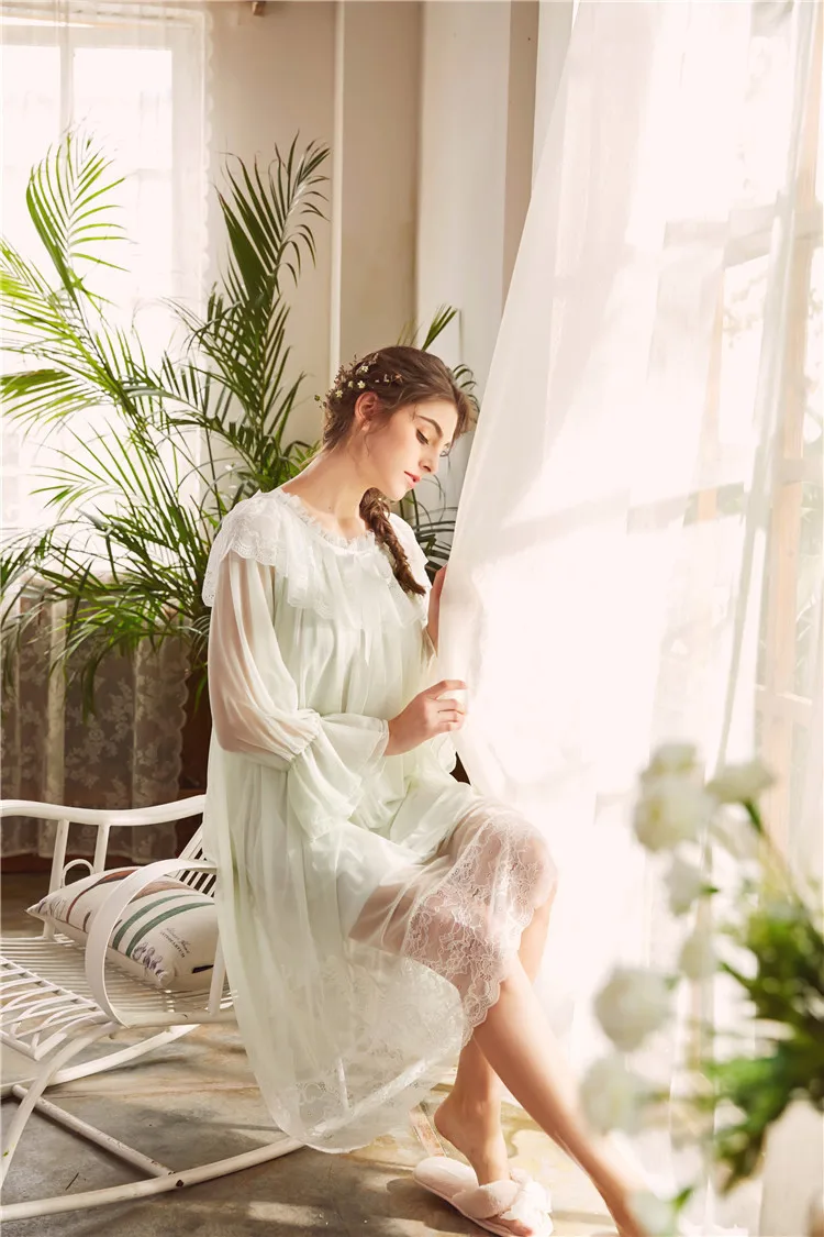 Women Long Sleeve Mesh Modal Nightgown