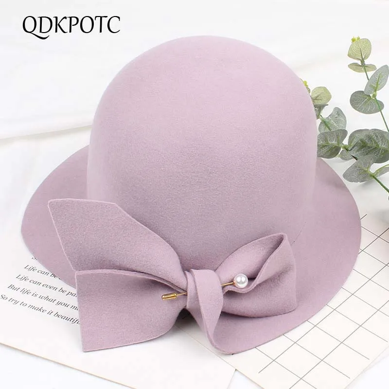 QDKPOTC Новая модная Осенняя зимняя винтажная шерстяная фетровая шляпа элегантная бабочка для женщин милая Панама