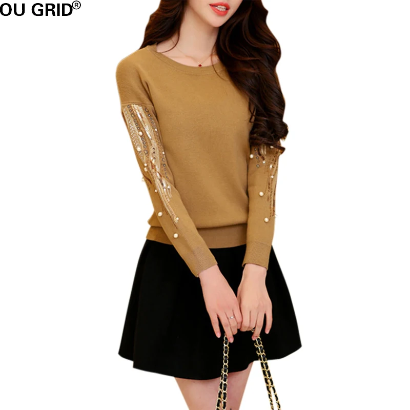 

Women Winter Autumn Knitted Sweater Jumper 2017 Runway Style Beading Sequined Long Sleeve Casual Sweater Pullovers