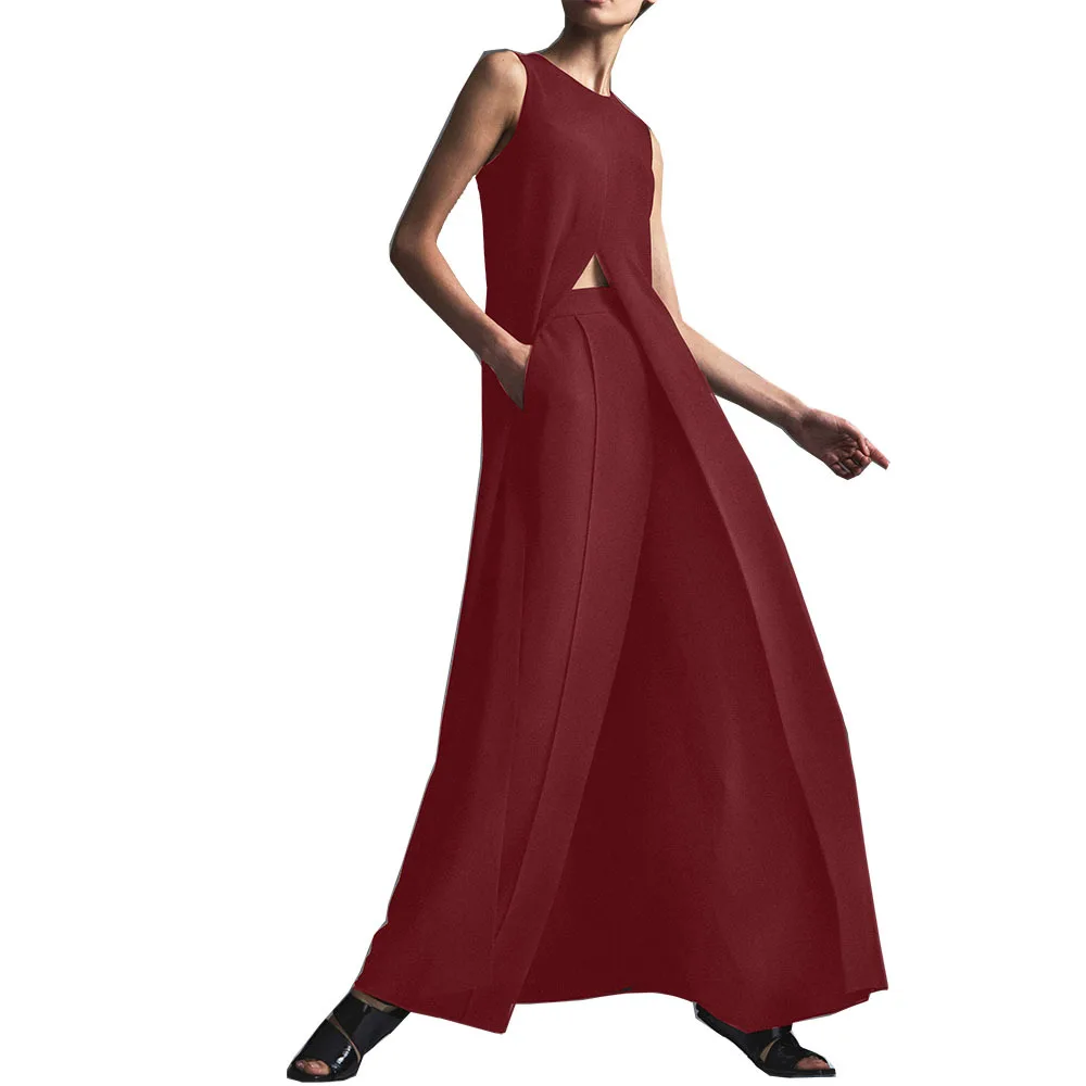 

High Splits Party Night Dress Wide Leg Pants 2 Two Pieces Sets Women Long Casual Sets Beach Sleeveless Outfits
