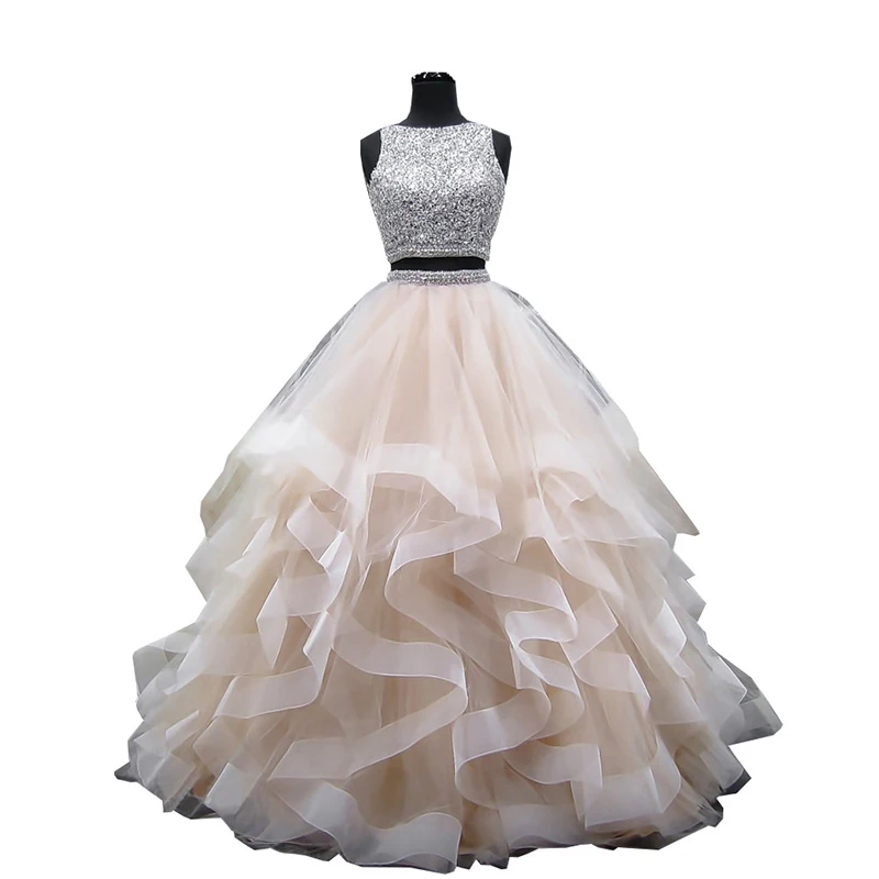 

Doragrace Real Photo Two-Piece Prom Gowns Sequins Beaded Prom Dress Organza Ruffles Open Back Evening Party Dresses