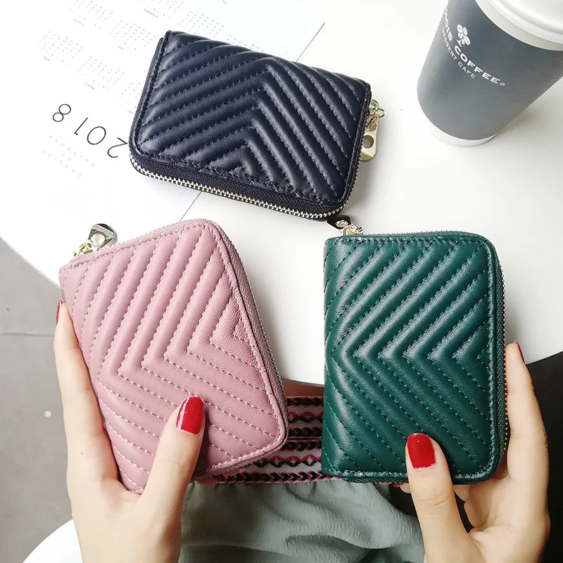 

Genuine Leather Women Wallet Luxury Sheepskin Female Short Purses Thread Lambskin Designer ladies Card Holder Card Pocket