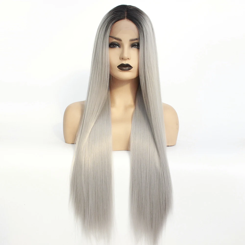 

Long Straight Ombre Ash Grey Blonde Wig Synthetic Lace Front Wig with Baby Hair Heat Resistant Wigs for Women