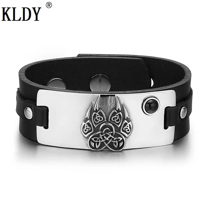 

KLDY Aztecs Ancient Knots Tag Wolf Paw Amulet Bracelet Simulated Black Onyx Adjustable Genuine Leather Stainless Steel Bracelet