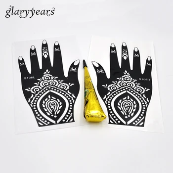 

1 Pair Hands Henna Stencil + 1 Piece Black Color Henna Paste Women Body Art Painting Hollow Mehndi Tattoo Stencil Gift Temporary