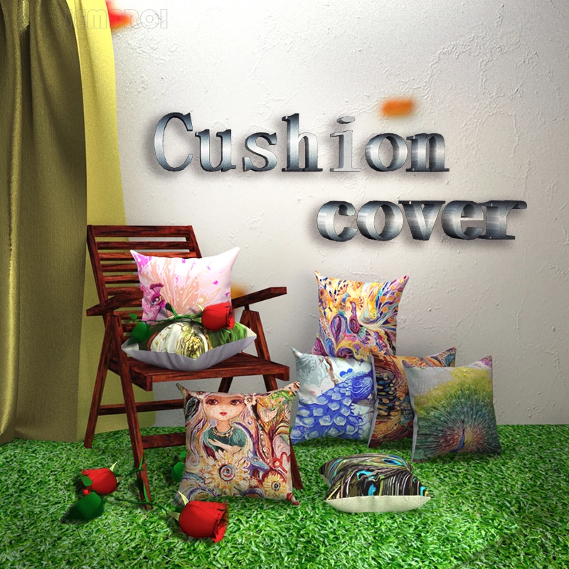 

Watercolor Series Linen and Polyester Cushion Cover Chinese Style Peacock Feather Pattern Pillowcase Western Sofa Decoration