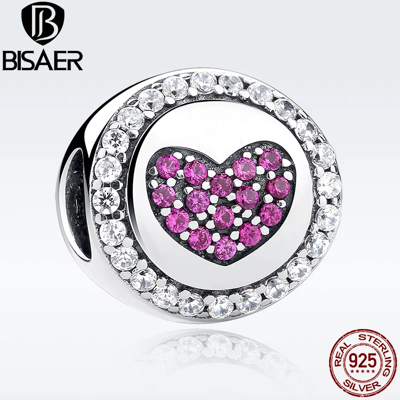 

Romantic 100% 925 Sterling Silver Love Heart Charms Crystal Beads Fit BISAER Charm Bracelets Authentic Silver 925 Jewelry ECC014