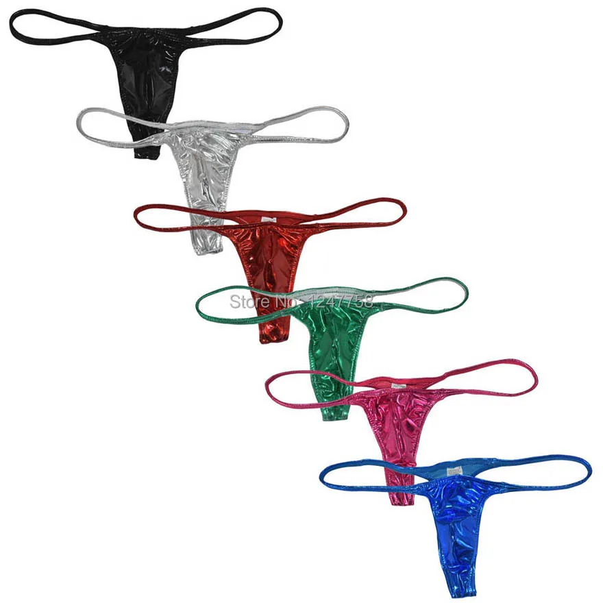 

Men Narrow Waist Short Thong Underwear Guy Shiny Leather Micro Tanga Mini G-String