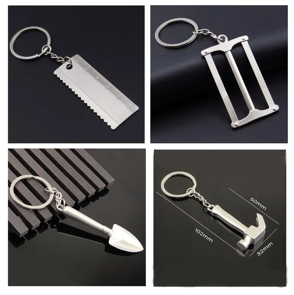 

1 PC High Quality Alloy Creative Tools Keychains Ruler Keychains Shovel Spade Double sided Saw Key Rings Key Chains 10cm 12cm