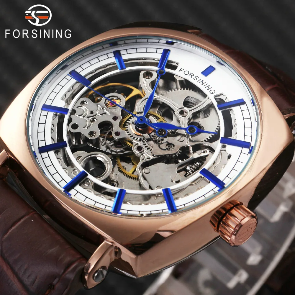 

FORSINING Vintage Tonneau Auto Mechanical Watch Men Leather Strap Carved Movement Skeleton Mens Watches Top Brand Luxury relogio