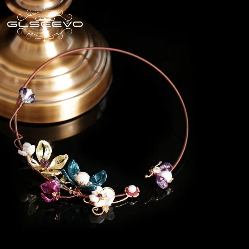 

GLSEEVO Natural Fresh Water Pearl Bee Flower Choker Necklace For Women Fiends Wedding Engagement Handmade Fine Jewelry GN0117