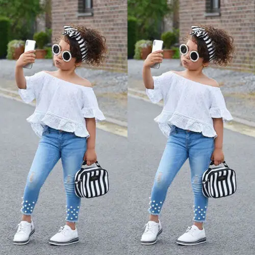 Newborn Kids Baby Girls Cute Fold Off Shoulder Tops T-shirt Denim Hot Pants Jeans Outfits Clothes Set