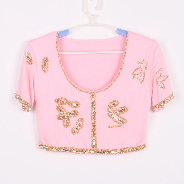 Блестящая короткая футболка с блестками, одежда для танца живота в этническом стиле, укороченный Топ ЧОЛИ, топы с открытой спиной размера плюс, Женский Цыганский родовой танец FX32 - Цвет: light pink