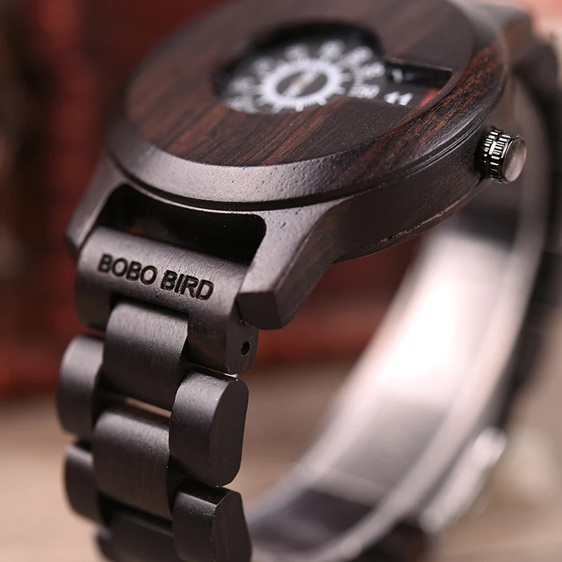 BOBO BIRD V-R26 Full Ebony Mens Watch Wood Luxury Quartz Wristwatch Display erkek kol saati In Gift Wooden Box