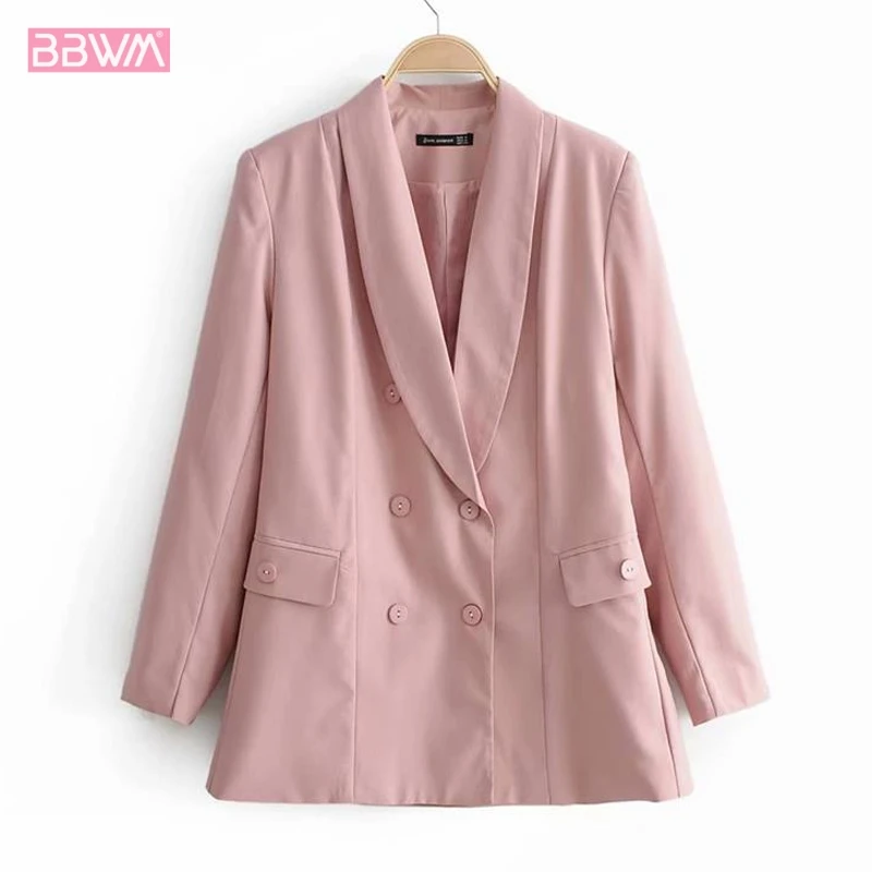 

Double-breasted Long-sleeved Lapel Professional Women's Jacket 2019 Pink Simple Candy Color Simple Female Coat Pocket