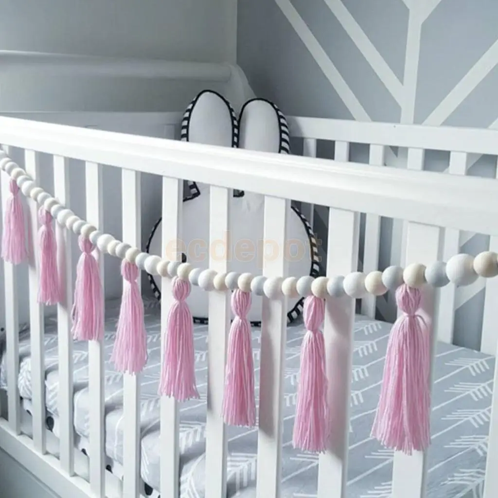 Sweet Wood Beads Tassel Hanging Bunting Garland Newborn Baby Bed Room