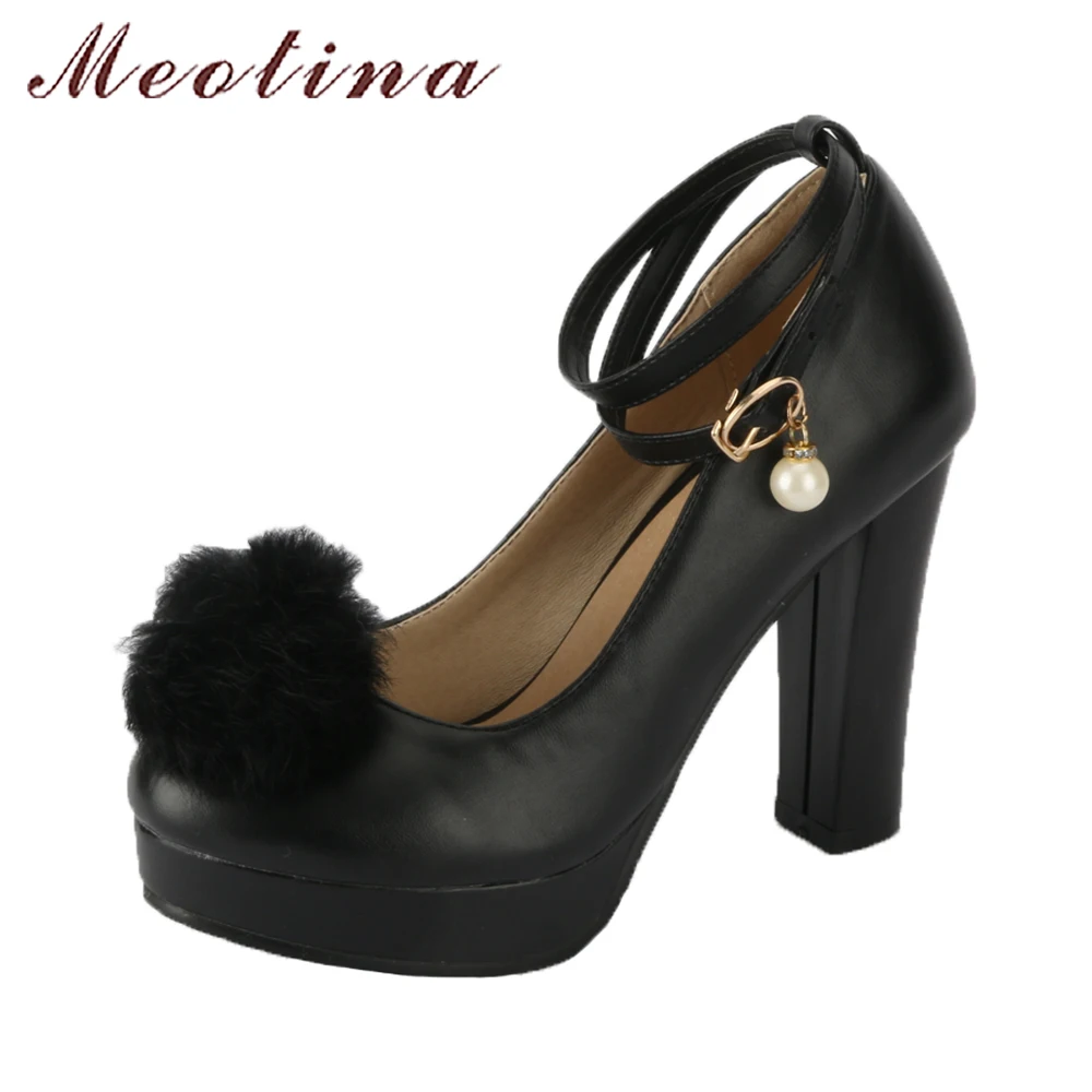 

Meotina High Heels Shoes Women Ankle Strap Wedding Shoes Pumps Platform High Heels Fur Round Toe Shoes Female Large Size 42 43