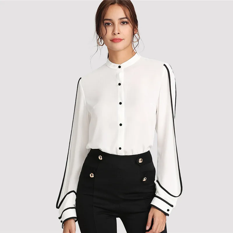 

Elegant Stand Collar Long Sleeve Button Black Striped Blouse Autumn Women Workwear Shirt Top 2019 #327