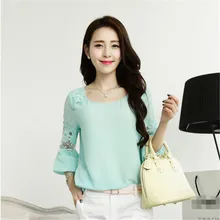 Sweet Large Size Loose O-neck Three Quarter Sleeve Chiffon Lace Patchwork Blouses shirts,Lady Tops Fashion Blouse Shirt TT828
