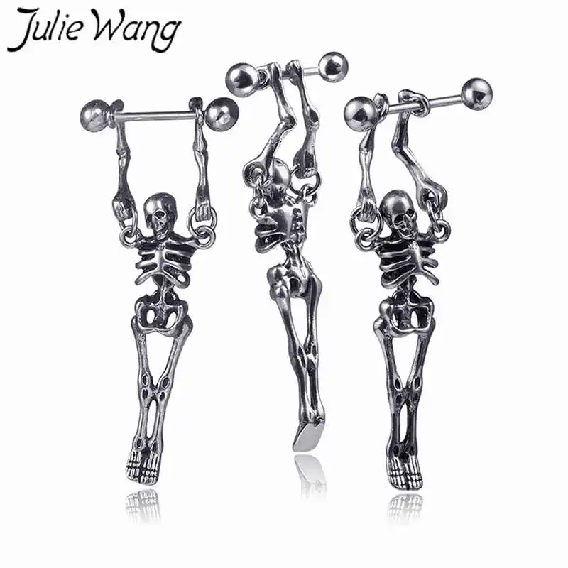 Julie Wang 1 шт.(не пара) Скелет Череп серьги-гвоздики из нержавеющей стали человеческого тела костяные серьги модные панк мужские и женские ювелирные изделия