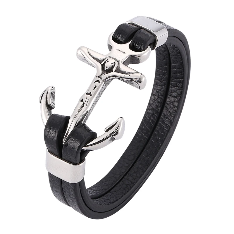 Classic Male Jewelry Cross Bracelet Men Stainless Steel Anchor Charm Double Layer Leather Wrap Bracelets for Man PW781 | Украшения и