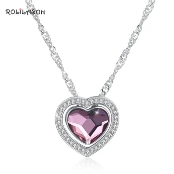 

ROLILASON 925 Sterling Silver Heart Square pink zircon For friend Wedding gift Necklace Pendant Fashion Jewelry SP52