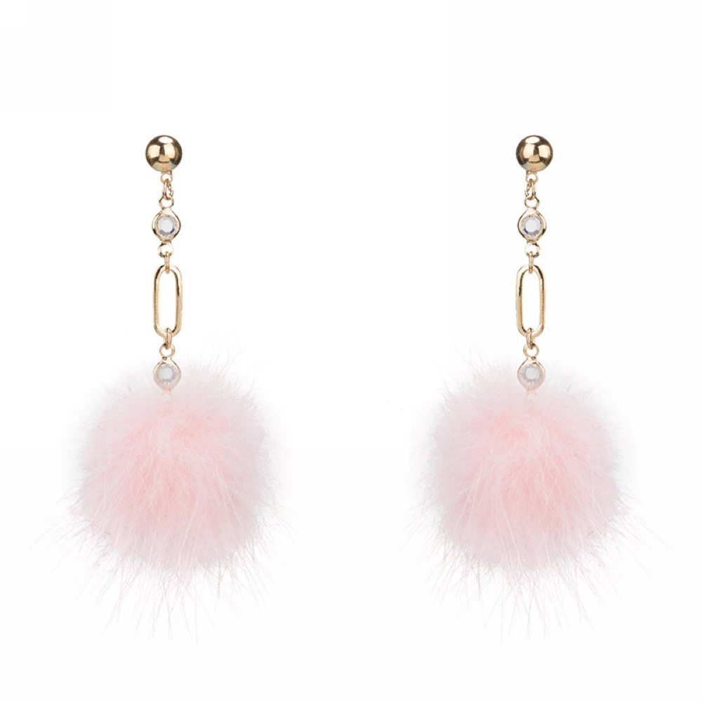 

E0132 S925 Silver Needle Ear Stud Personality Long Style Pink Plush Ball Earrings