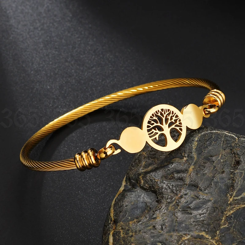 Fashion Stainless Steel Hollow Tree of Life Bracelets Women Men Gold Color Lucky Round Bangle Jewelry Gift
