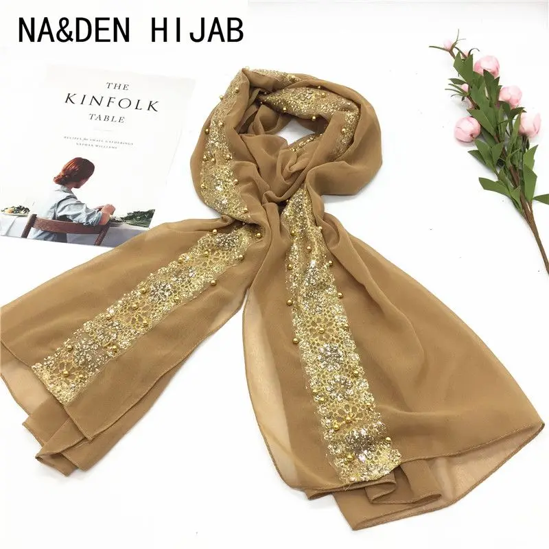 

2019 women scarf plain maxi scarves With gold tablets shawl patchwork new designsoft muslim hijab luxury brand With the pearl