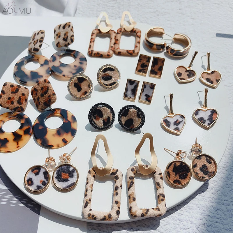 

AOMU 2019 New Autumn Crystal Leopard Print Acrylic Geometric Round Circle Square Matte Metal Twiste Long Drop Earrings for Women