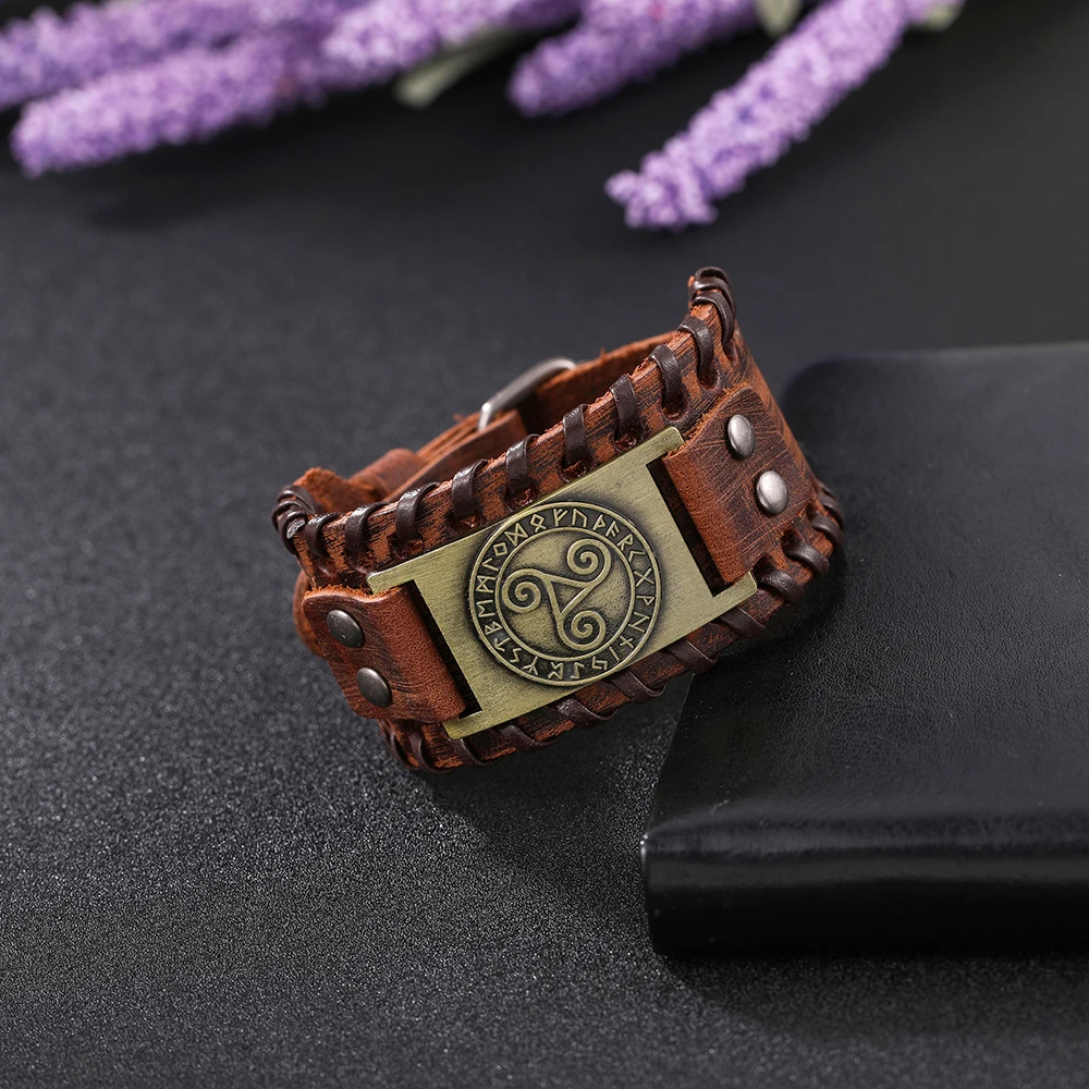 LIKGREAT подлинные винтажные кожаные браслеты кельтский символ Triskel Wicca руны амулет наручные ювелирные изделия для мужчин браслет аксессуары подарок