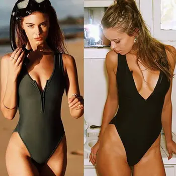 

Womens One-Piece Zipper Bikini Black Swimwear Swimsuit Sexy Sleeveless Bandage Bikini V-Neck Padded Bra Bathing Swimsuit