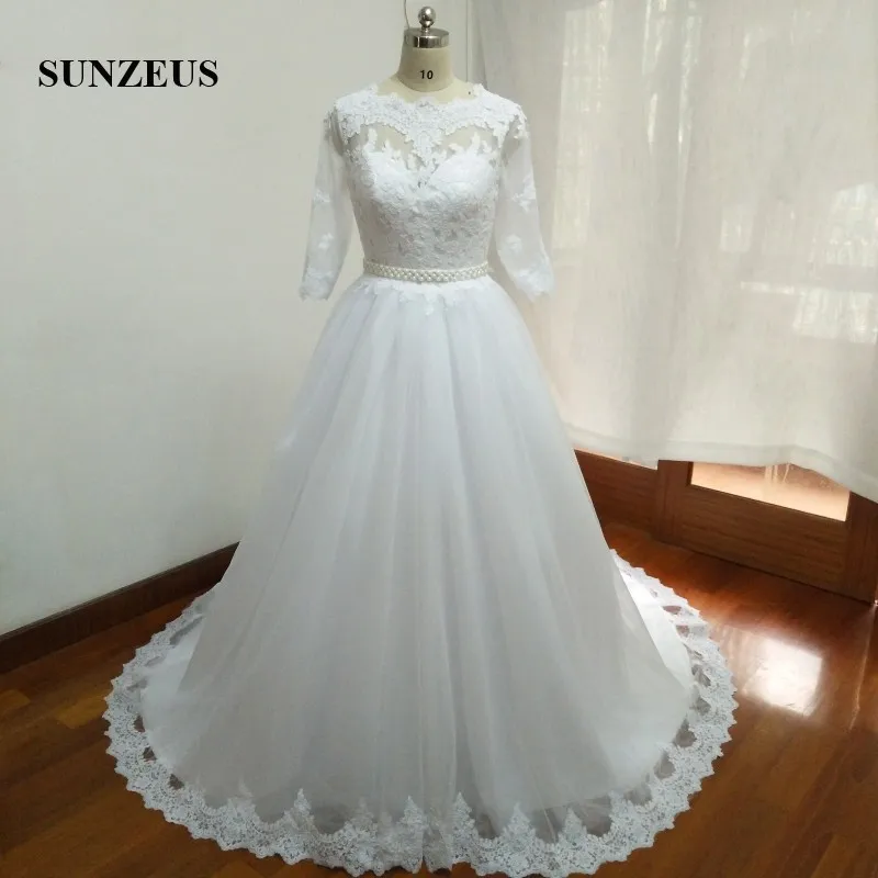 

Vintage Lace Wedding Dresses Half Long Sleeves Pearls Waist White Tulle Wedding Gowns Puffy A-Line Bride Dress gelinlik SW30
