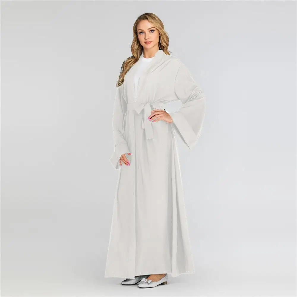 New Open Front Cardigan Dubai Kimono Abaya Maxi Dress Muslim For Women Solid Color Long Sleeve Arab Robe Gown Middle East Dress