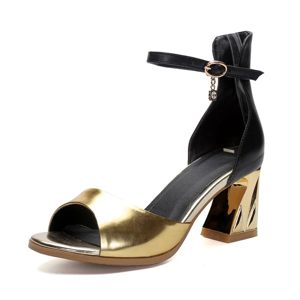 

2017 (Gold Sliver) Women Fashion Full Grain Leather Sandals Office Lady Sweet Cover Heel Ankle Buckle Sandals Size 33-44