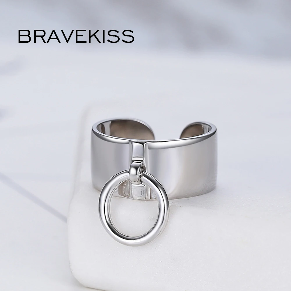 BRAVEKISS Pure 925 Sterling Silver Adjustable Rings For Women Round Circle Charm Dangle Ring Pendant Wide Ring Band BLR0323