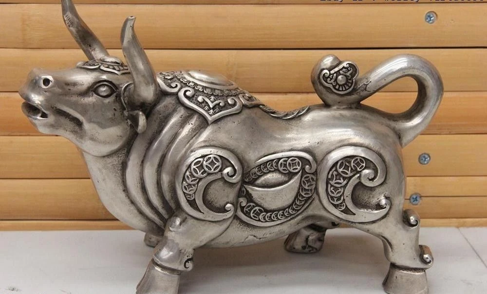 

China Fengshui Copper Silver Zodiac Year Animal RuYi Wealth Bull Ox Oxen Statue