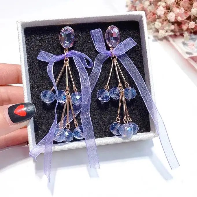 

MENGJIQIAO 2018 Korean New Big Yarn Bowknot Crystal Beads Long Earrings For Women Summer Personality Sweet Tassel Pendientes