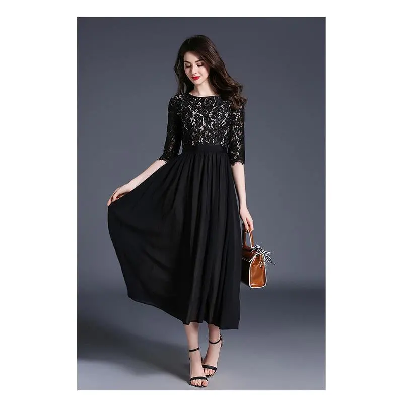 

GEJIAN AOWOFS ladies holiday dress solid color black lace design half sleeve ladies dress O-neck drop boat party dress