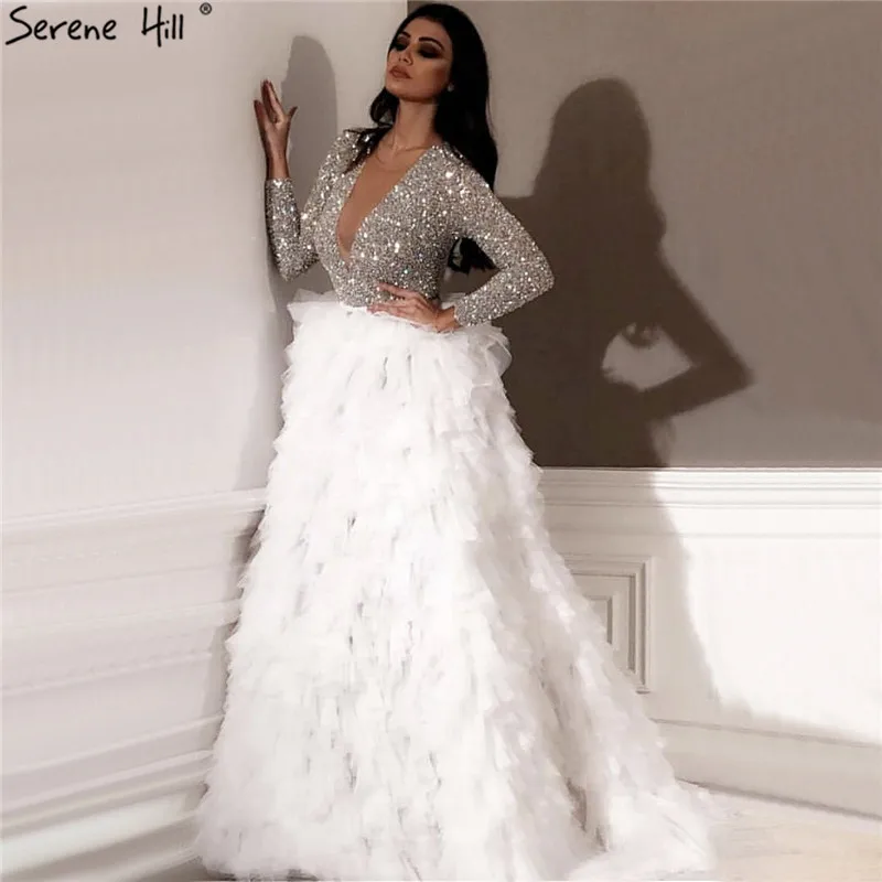 

Dubai V-Neck White Luxury Sexy Evening Dresses 2019 Long Sleeves Sequined Tiered Evening Gowns Serene Hill LA6574
