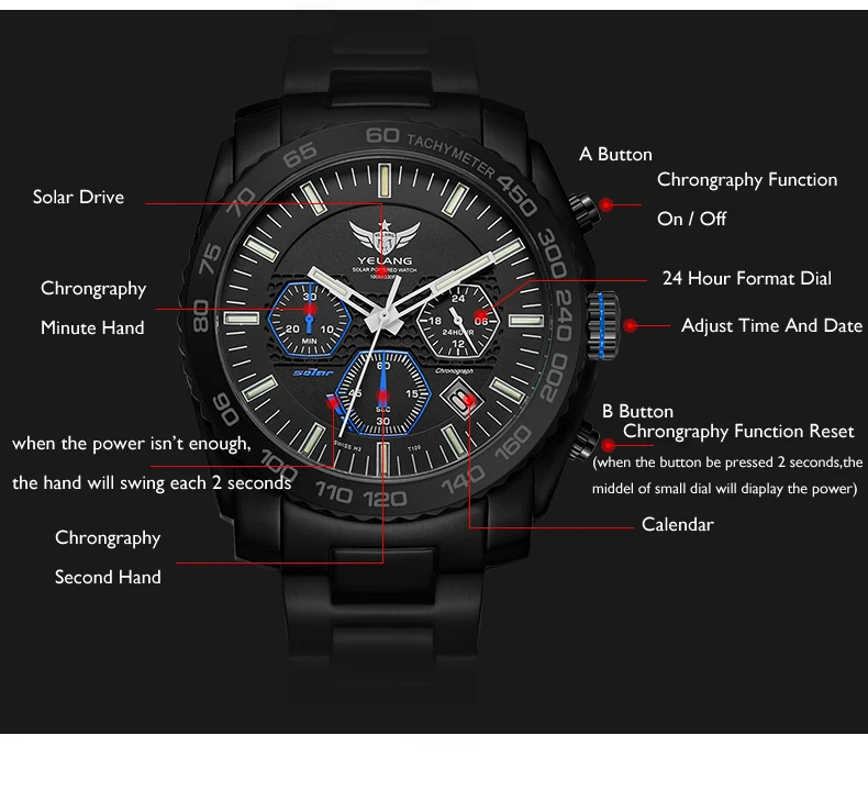 Новое поступление YELANG V1210 Eco-Drive Move men t T100 Тритий светящийся стальной ремешок сапфировое зеркало мужские деловые часы наручные часы