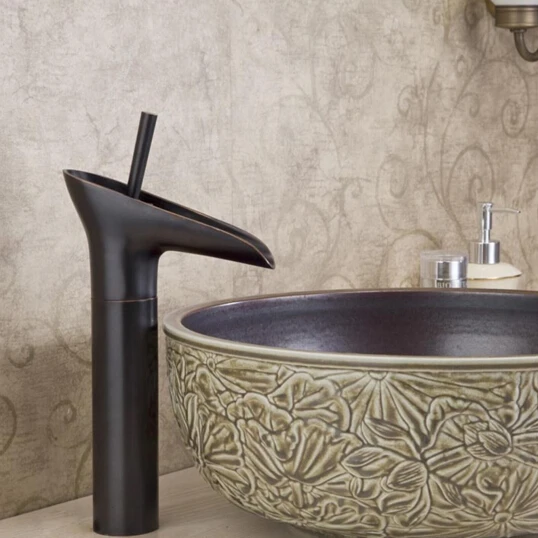 

High Quality Antique Oil Rubbed Bronze Waterfall Bathroom Basin Faucet Face Sink Mixer Taps with two pcs 50cm plumbing hoses