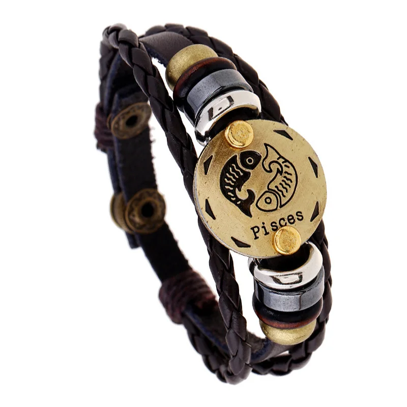 

New Hot 12 Constellations Men Women Braided Bracelet Cuff Leather Alloy Vintage Zodiac Signs Casual Punk Bracelets YAA99
