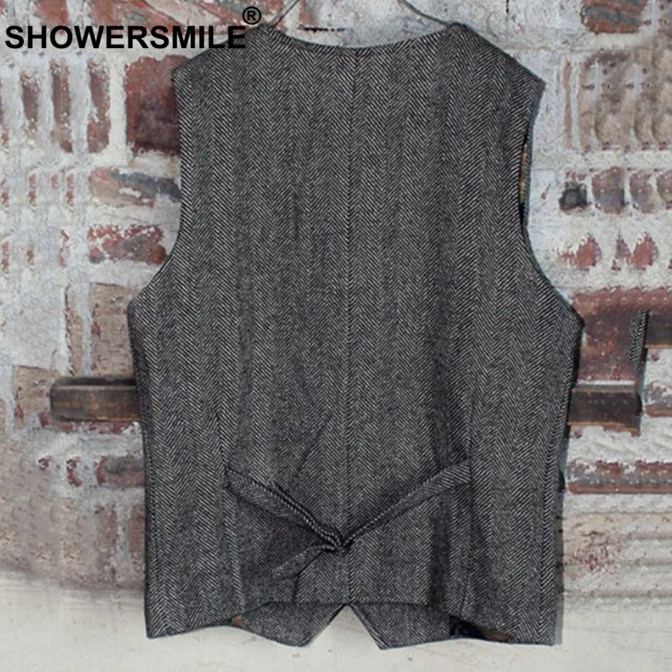 SHOWERSMILE Tweed Waistcoat Men Gray Herringbone Vests Male Vintage Slim Fit Gilet Pockets Autumn Winter Retro Sleeveless Jacket