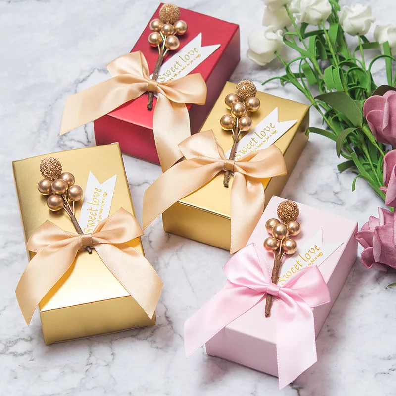 

Golden Unique DIY Bead Flower Square Candy Box Gifts Wedding Favor Personalized Boxes for Guest Party Gift Boxes